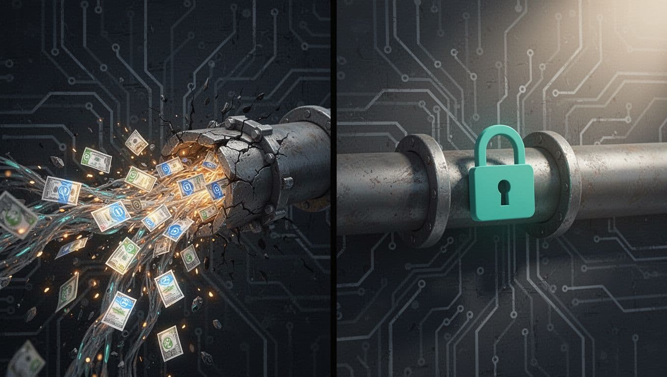 Split illustration contrasts breached API endpoint leaking data with dramatic lighting against secured version behind green-locked gateway.