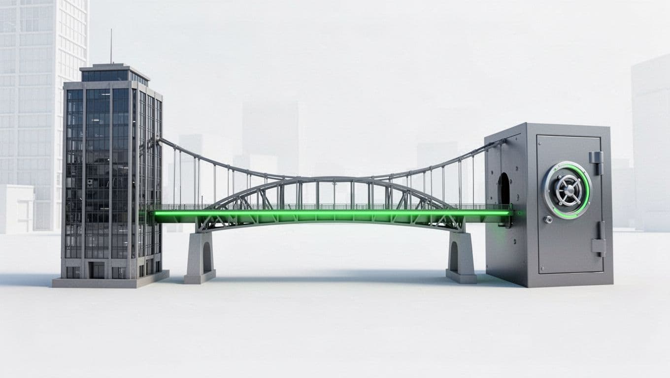 Sturdy bridge connects busy office building to digital network vault on white background with green accents.
