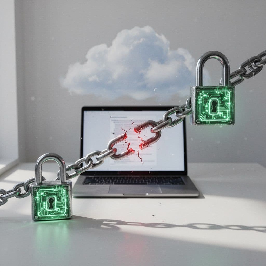 Chain of green-locked digital keys links low to high privilege levels with red broken middle link; remote work icons in background.