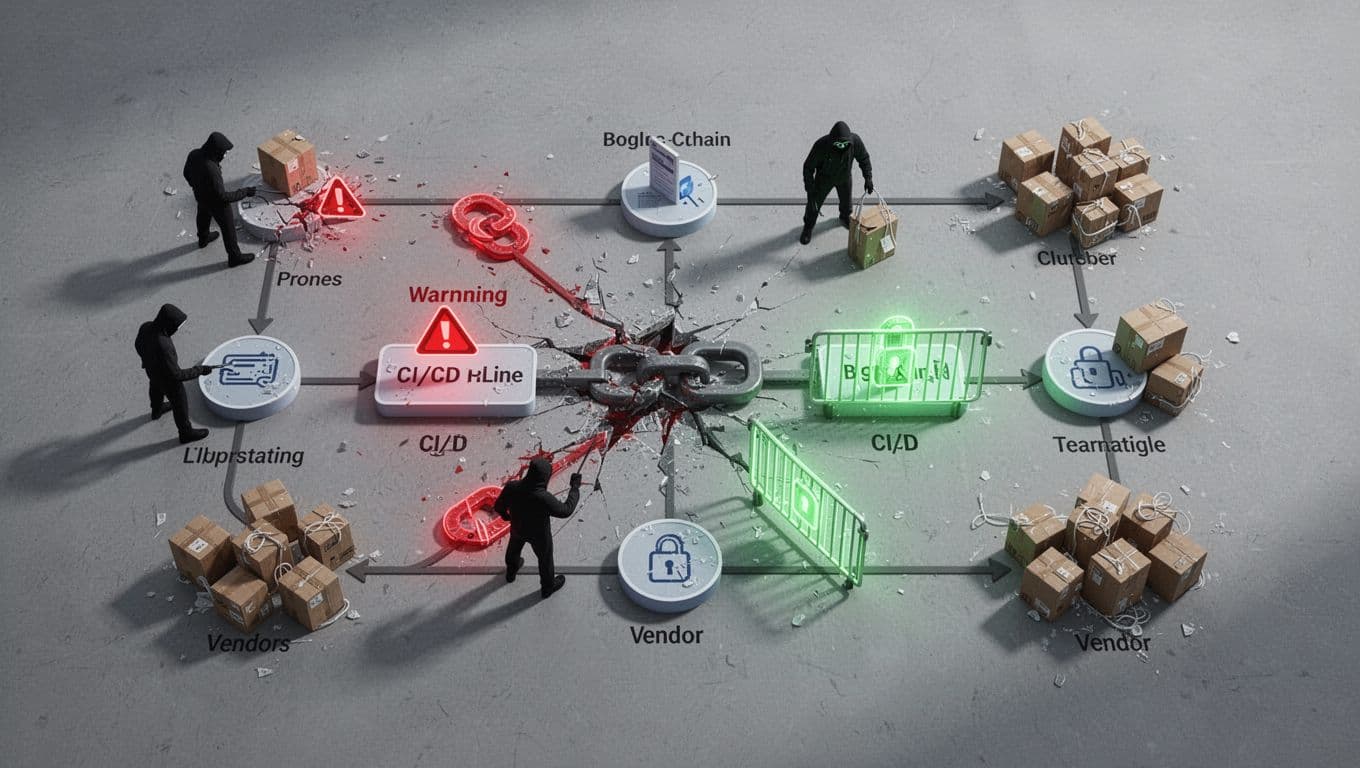 Overhead flowchart of broken supply chain link with hacker shadows targeting CI/CD pipeline and vendor concentration, red alerts on weaknesses, green secure barriers.