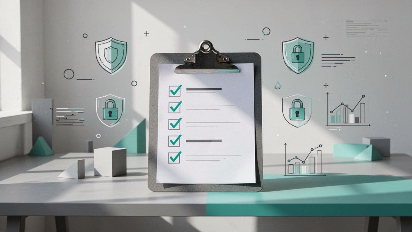 Clipboard with marked checklist items surrounded by security icons including shields, locks, and graphs on a desk.