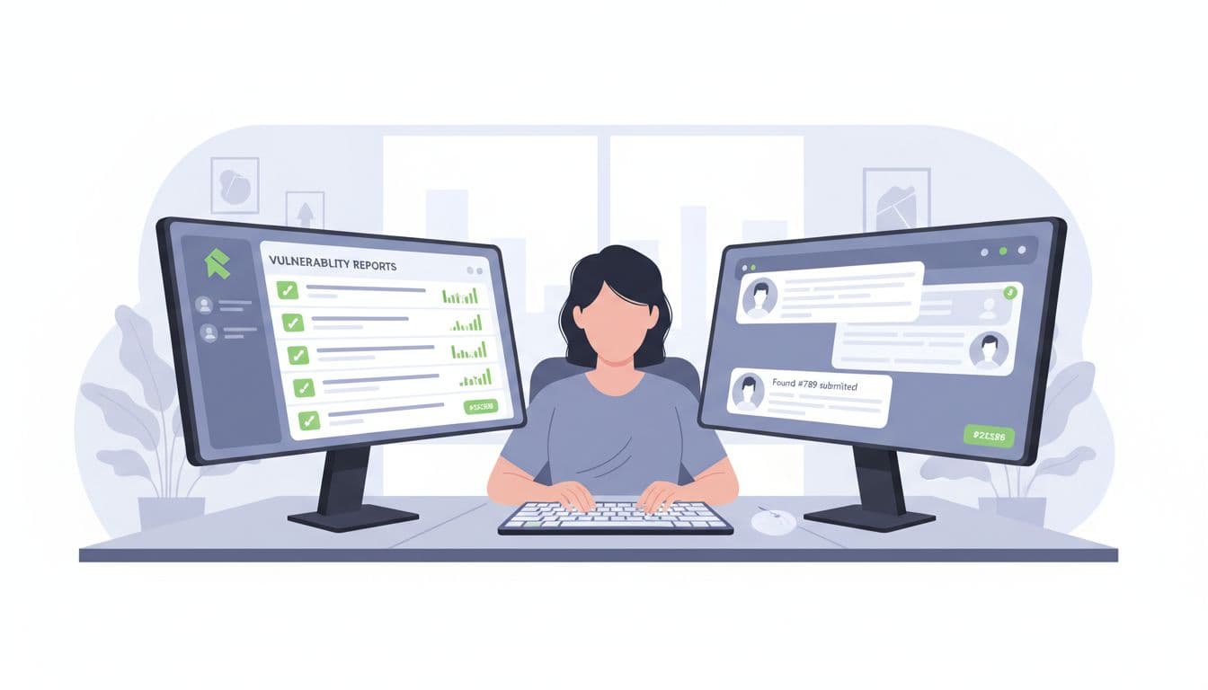 Bug bounty coordinator at modern desk reviews vulnerability reports on dual monitors with researcher chat windows in clean office.