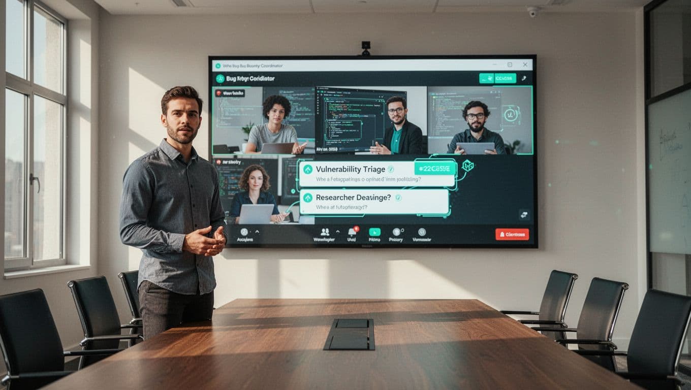 Coordinator stands in conference room leading virtual meeting with security team and researcher on shared screen discussing vulnerability triage.