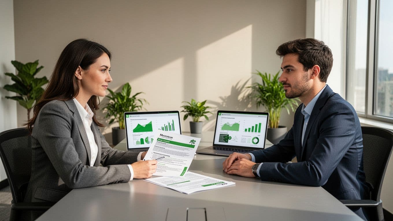 Hiring manager and candidate seated at office table review resume and metrics charts with laptops.