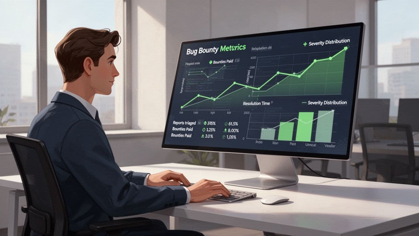 Security team member reviews large-screen dashboard with bug bounty graphs in office.