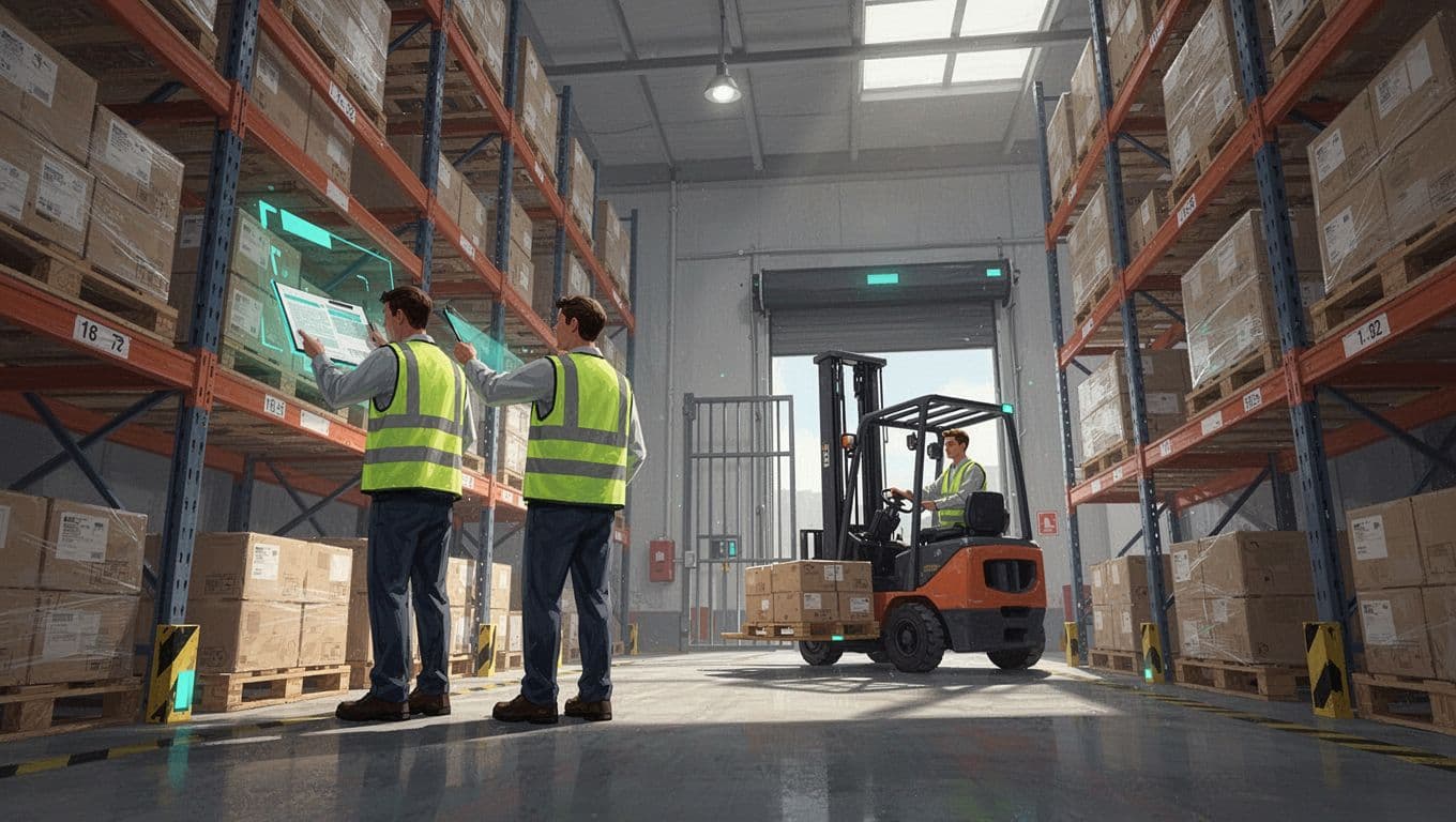 Low-angle view of warehouse with two workers in green safety vests checking shelves as forklifts move pallets to secure loading dock.