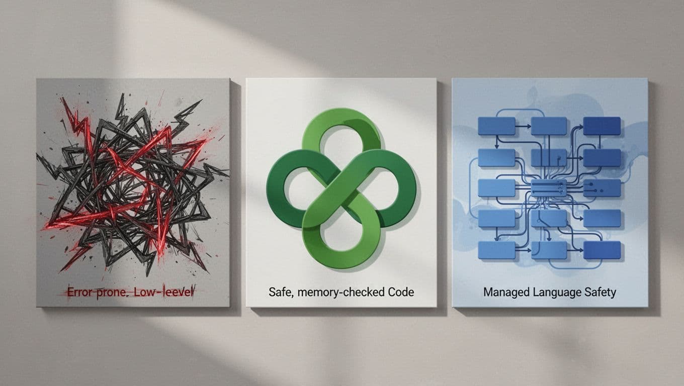 Side-by-side abstract diagrams show C/C++ error flow, Rust safe code with green highlights, and managed language.