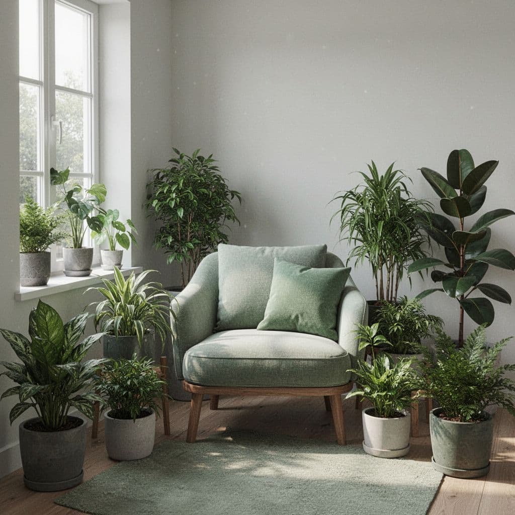 A minimalist room featuring comfortable seating, vibrant green potted plants, and soft, natural daylight.