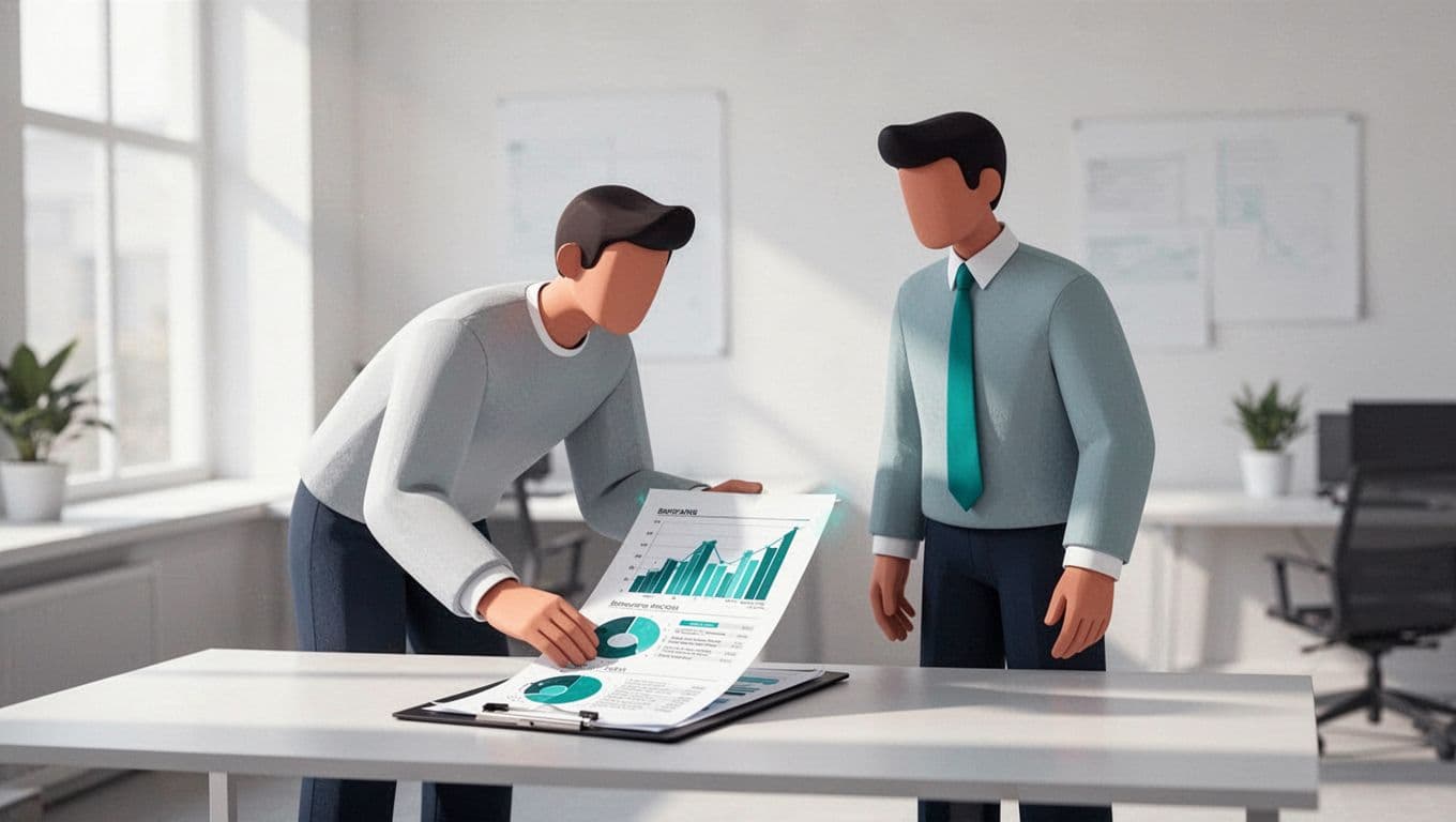 Two abstract figures in professional setting, one reviews documents, other stands nearby.
