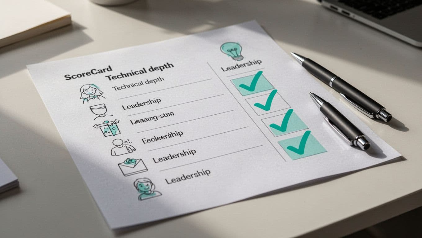 Paper form scorecard with checkmarks in technical depth and leadership categories, pen nearby on clean desk.