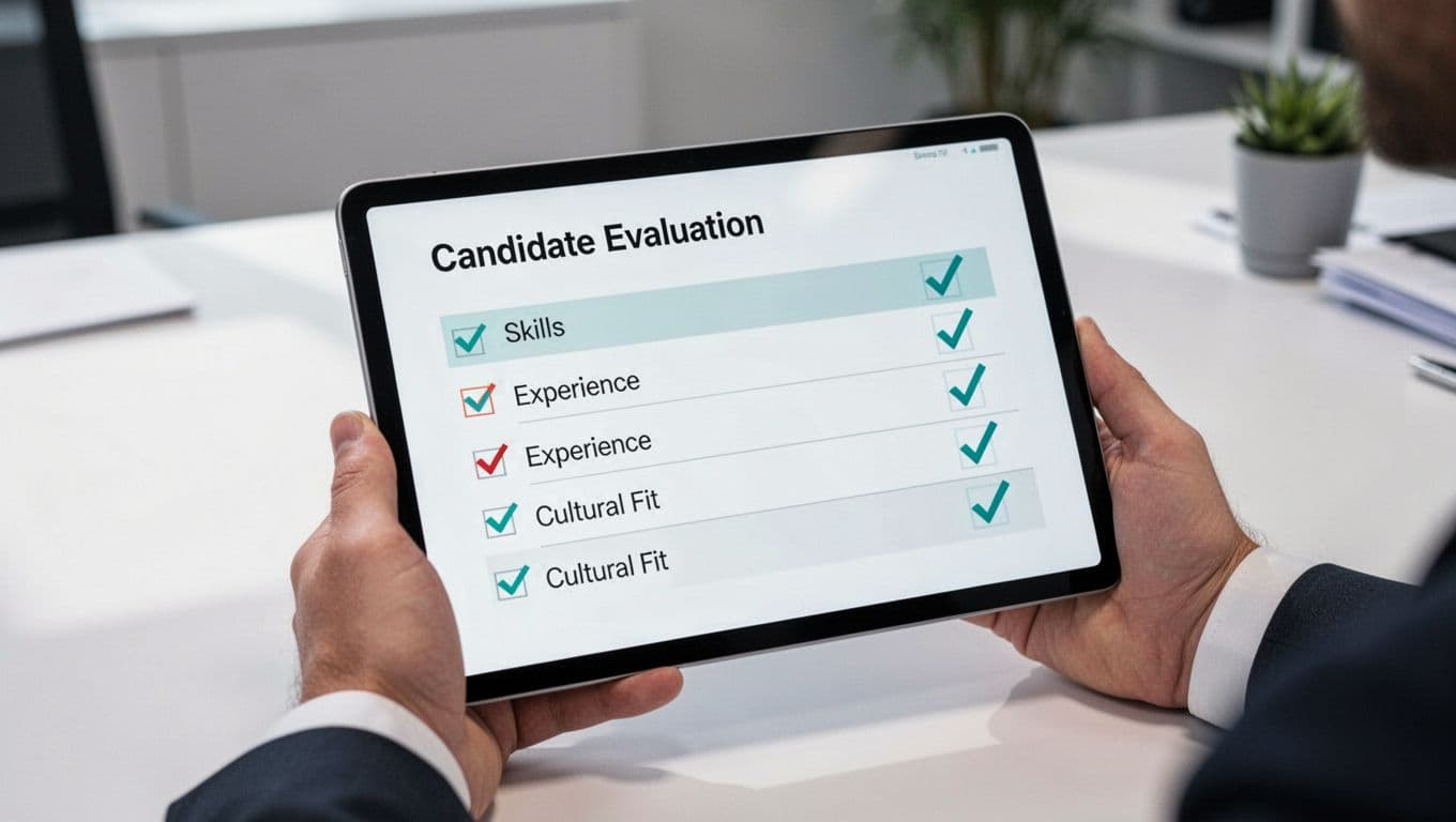 Digital tablet on clean office desk shows evaluation scorecard with green checkmarks for skills, experience, cultural fit.