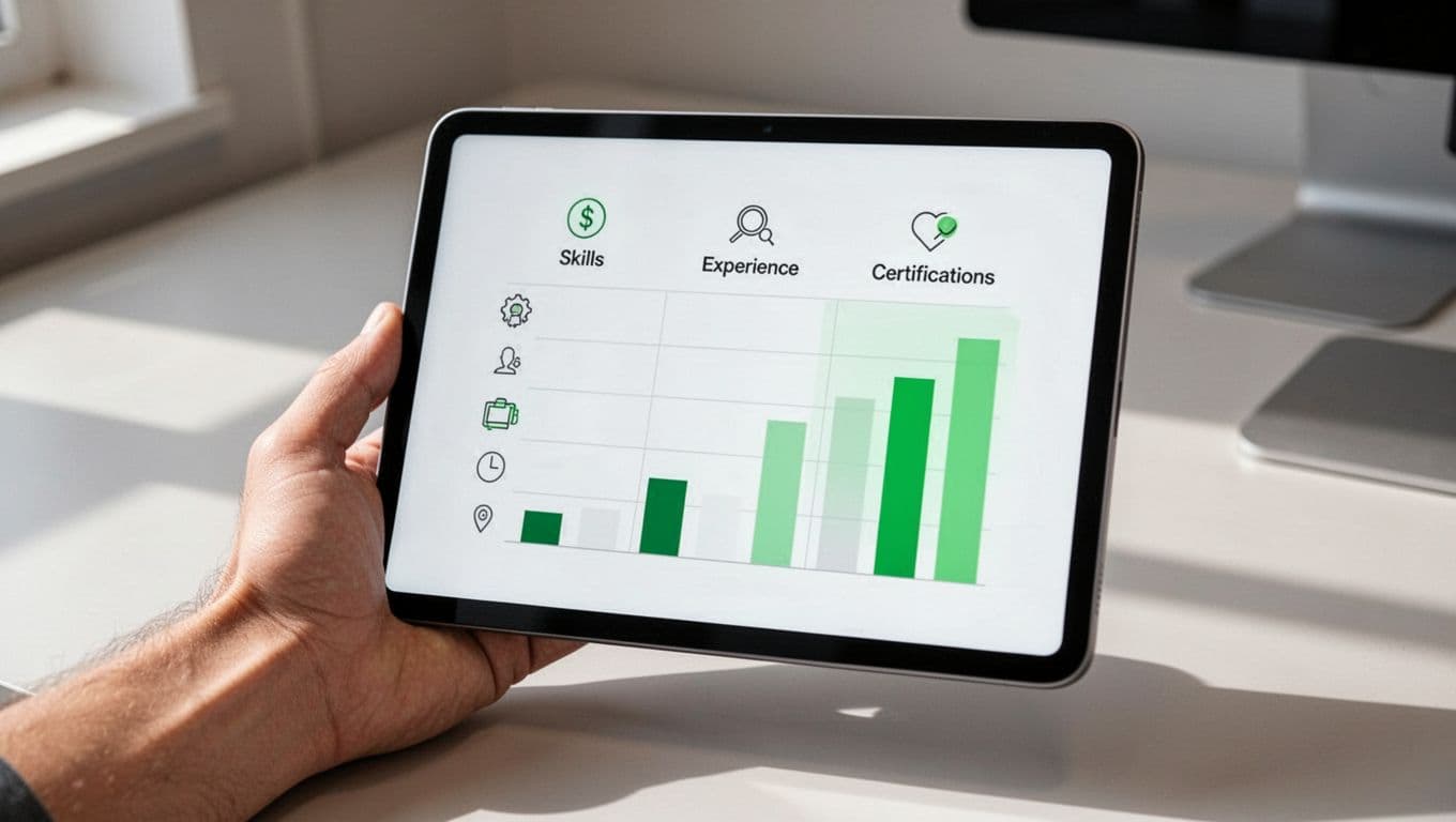 Hand holds tablet displaying scorecard with icons for skills, experience, certifications and green bar charts.