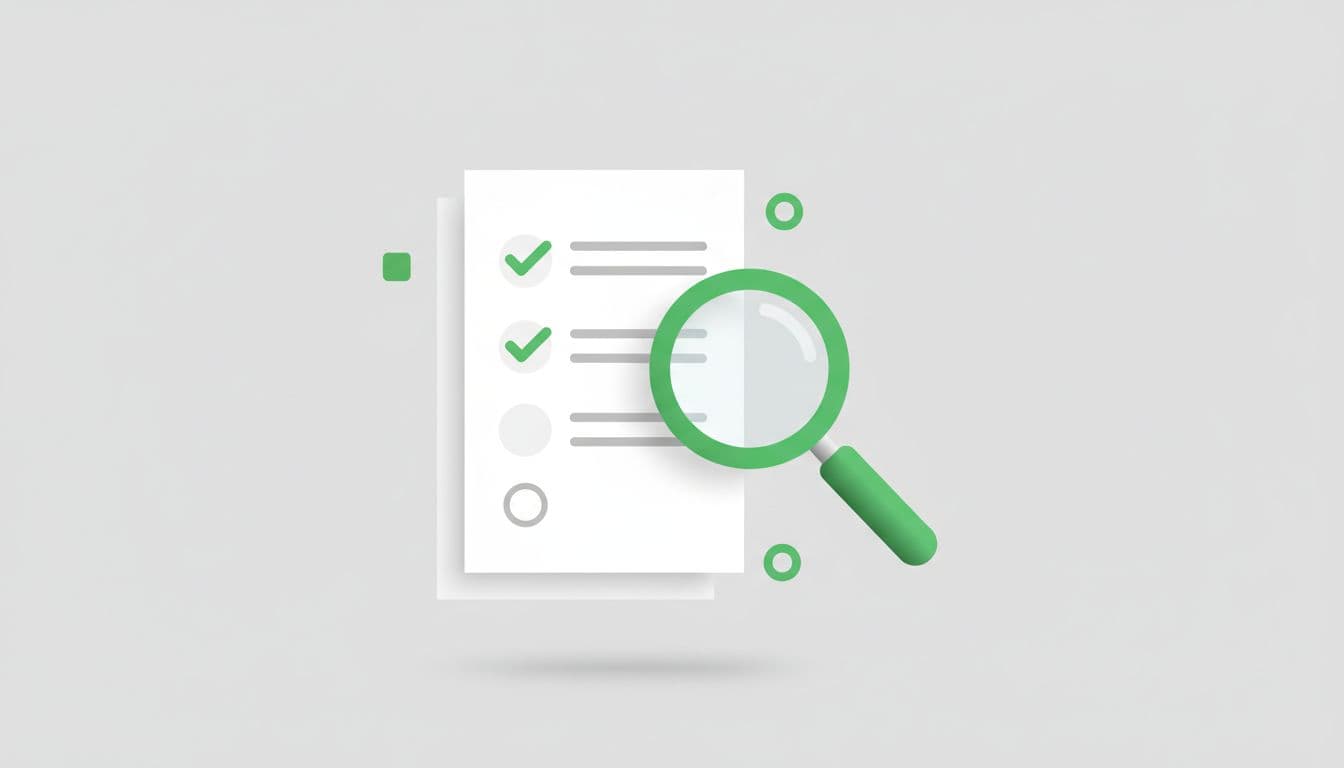 A document with green checkmarks sits next to a magnifying glass against a neutral background.