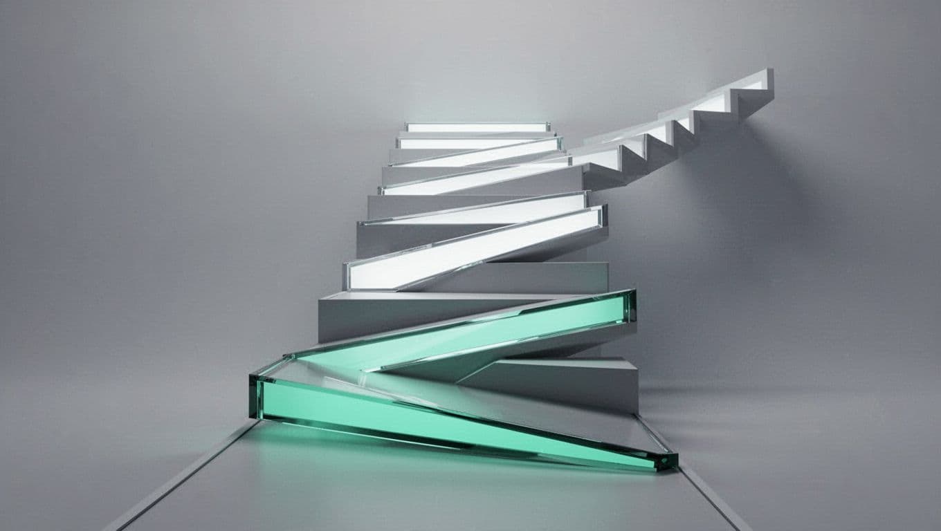 A clean illustration features a series of geometric steps leading upward with vibrant green accents.