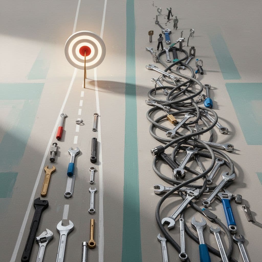 A modern illustration showing two diverging paths, one direct and streamlined, the other tangled and cluttered.