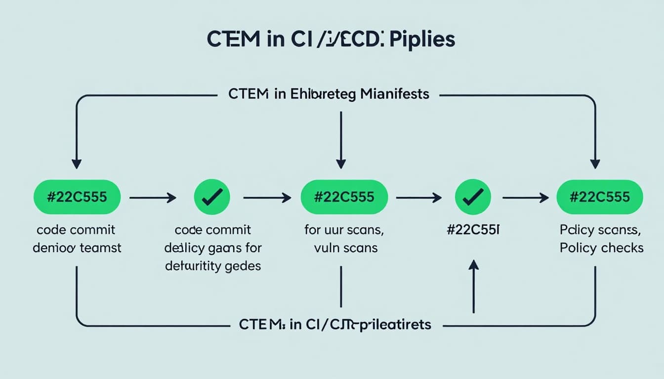 Linear illustration of CI/CD pipeline from code commit to Kubernetes deployment with security gates for vuln scans and policy checks.
