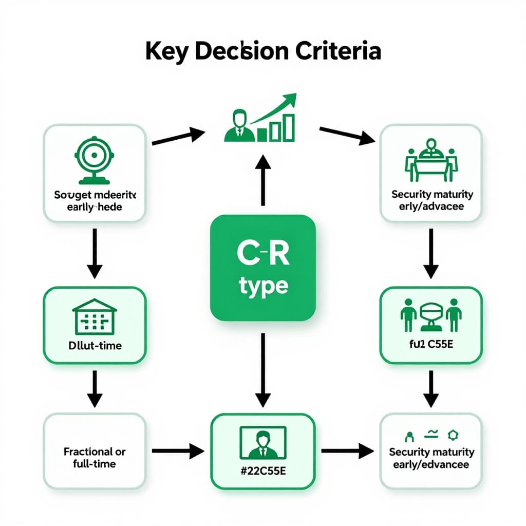 Flowchart with icons for budget, company size, and security maturity branching to fractional or full-time CISO options.