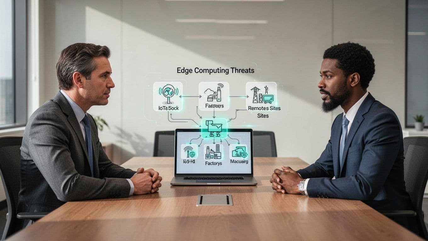 Two professionals at a conference table discuss edge computing threats, viewing a laptop map of IoT devices, factories, and remote sites.