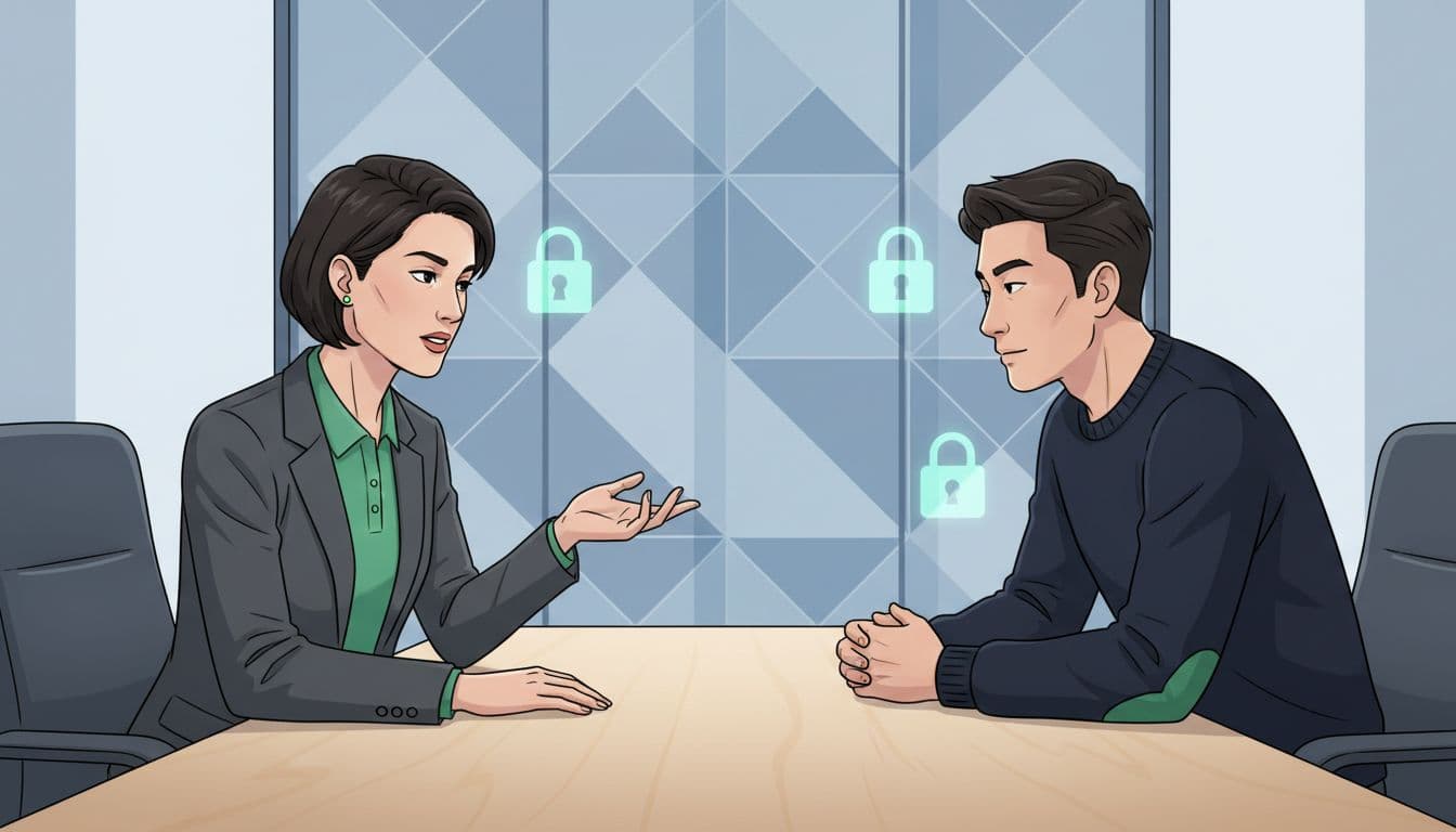 CISO questions ransomware negotiation candidate across table with subtle lock icons in background.