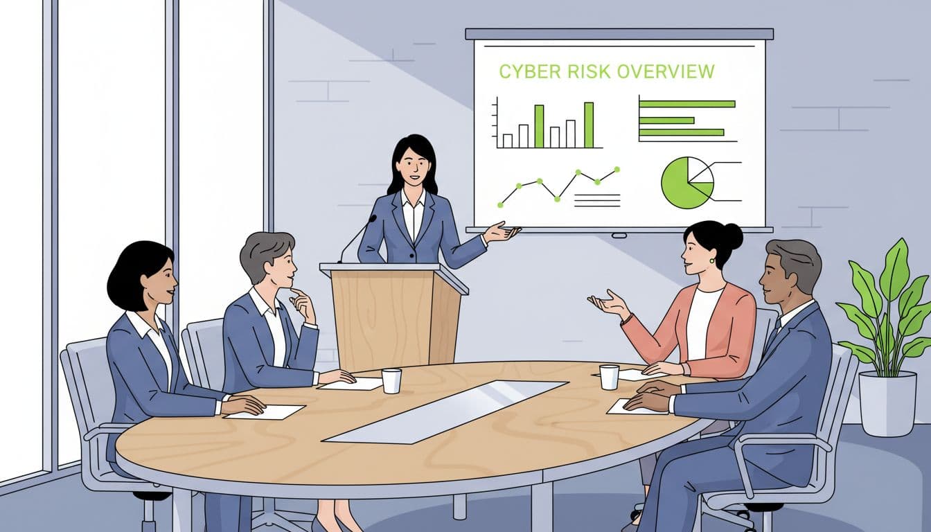 Confident CISO at podium presents cyber risk report to four seated board directors in modern boardroom with projected charts behind.