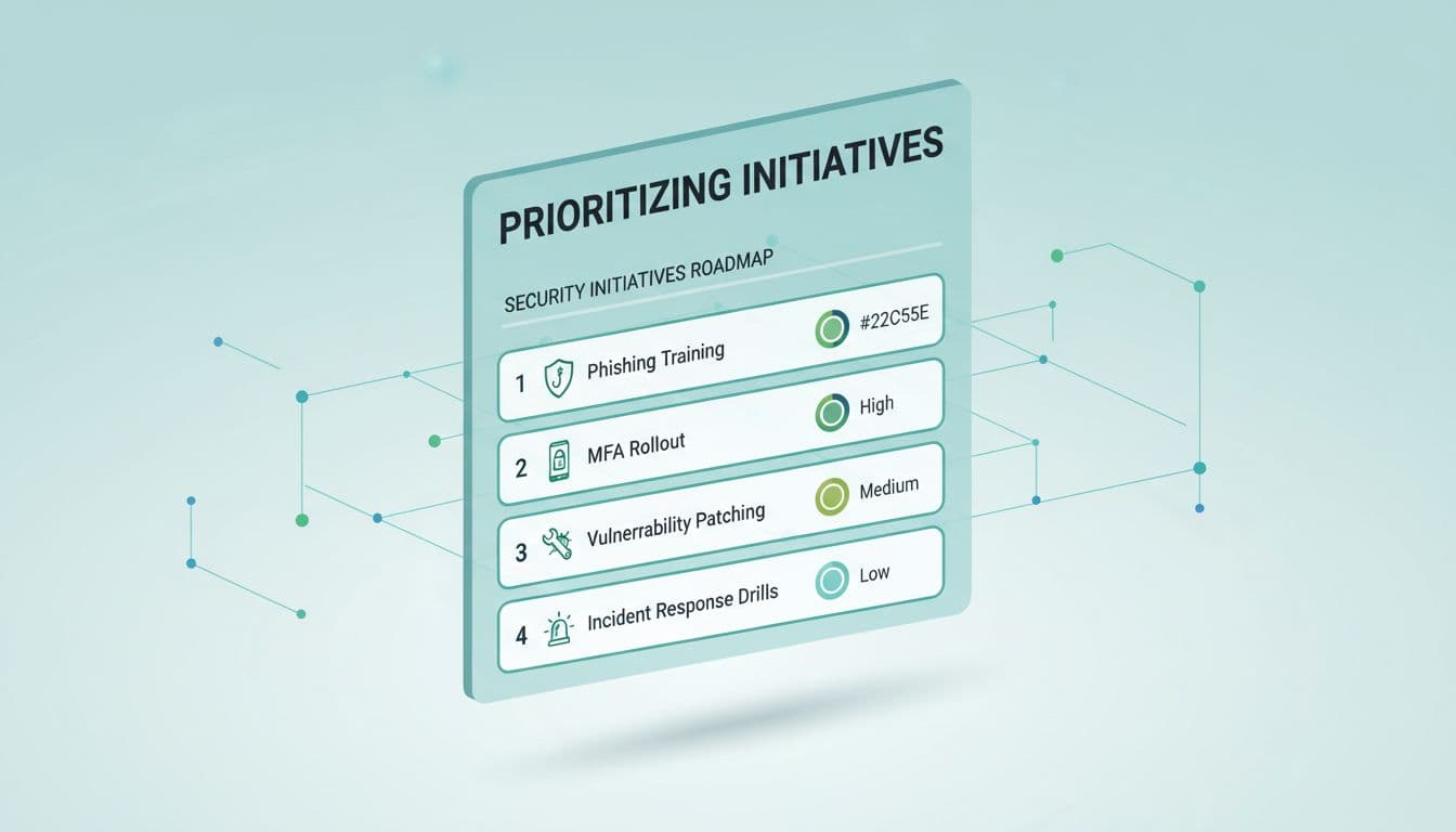 Isometric dashboard displaying prioritized clinic cybersecurity initiatives with green status indicators.