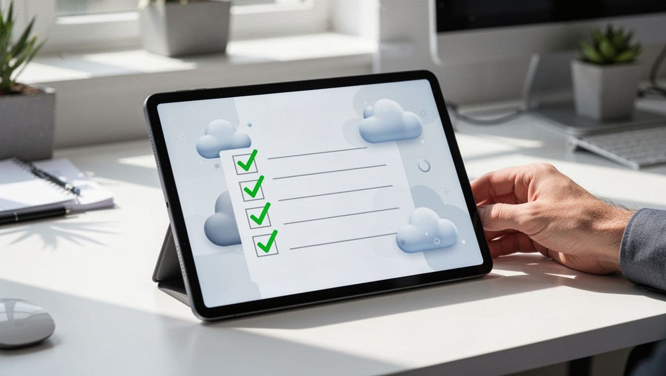 Tablet on desk shows checklist with green checkmarks next to cloud icons, hand resting nearby.