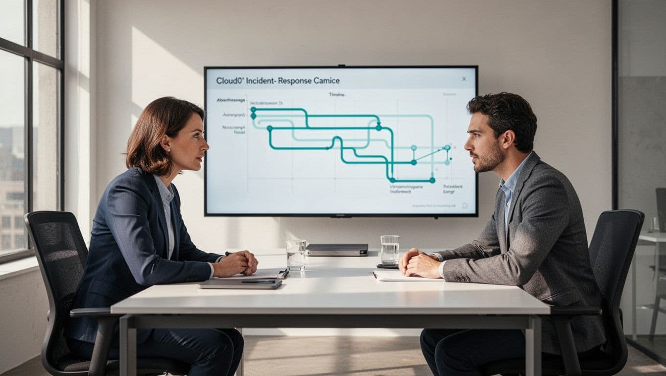 Hiring manager and candidate discuss incident timeline diagram on shared office screen.
