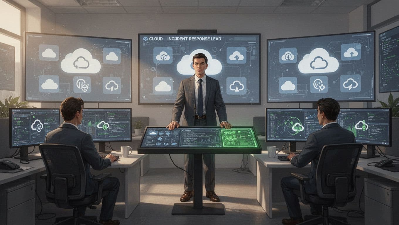 Team lead at central dashboard coordinates with two members monitoring screens showing AWS, Azure, and GCP icons in operations center.