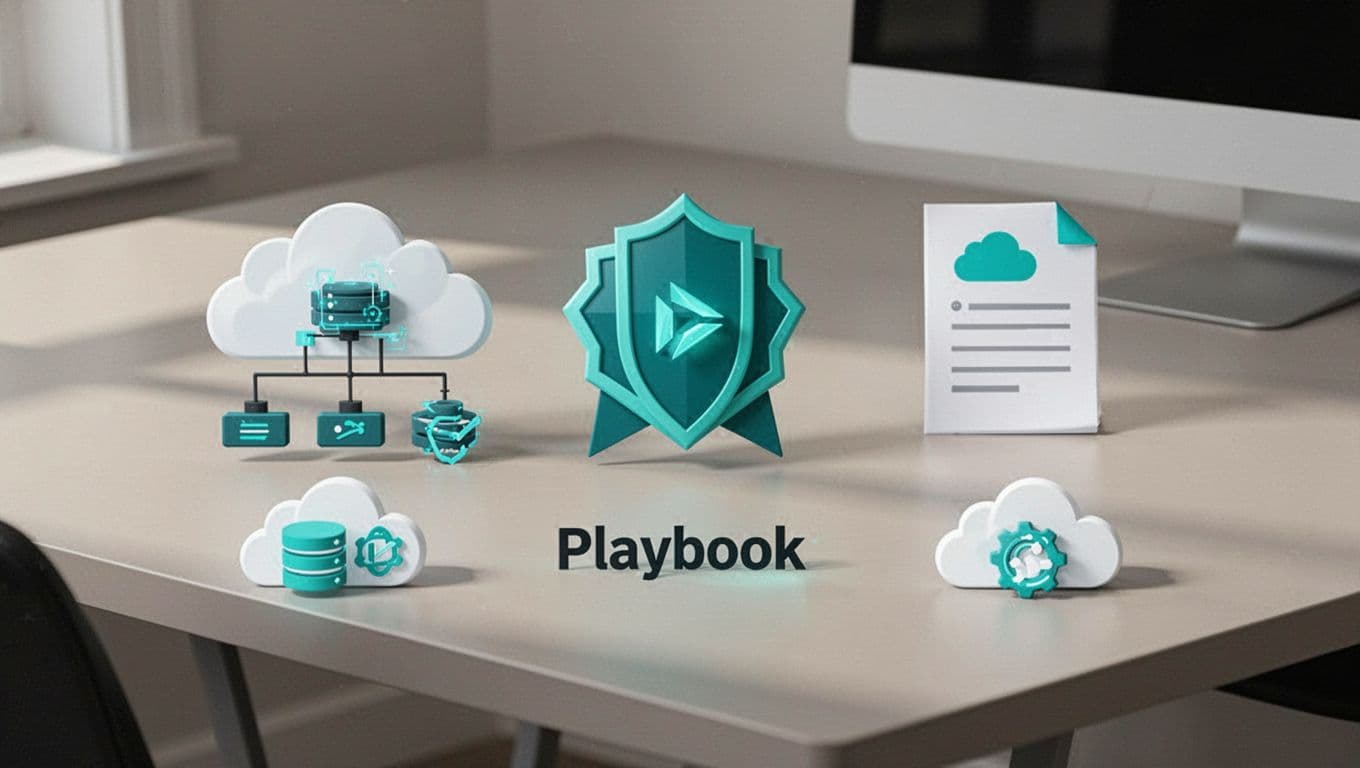 Icons of cloud architecture diagram, certification badges, playbook document, AWS Lambda, Azure Sentinel, and GCP Security Command Center arranged on a desk.