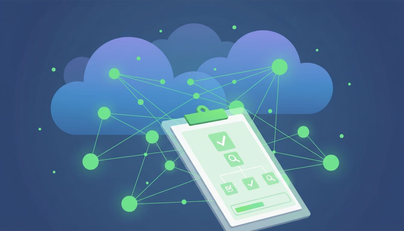 Glowing digital network nodes and interconnecting lines float within a bright cloud environment. In the foreground, a sleek digital clipboard displays data points to help visualize the system security logging process.