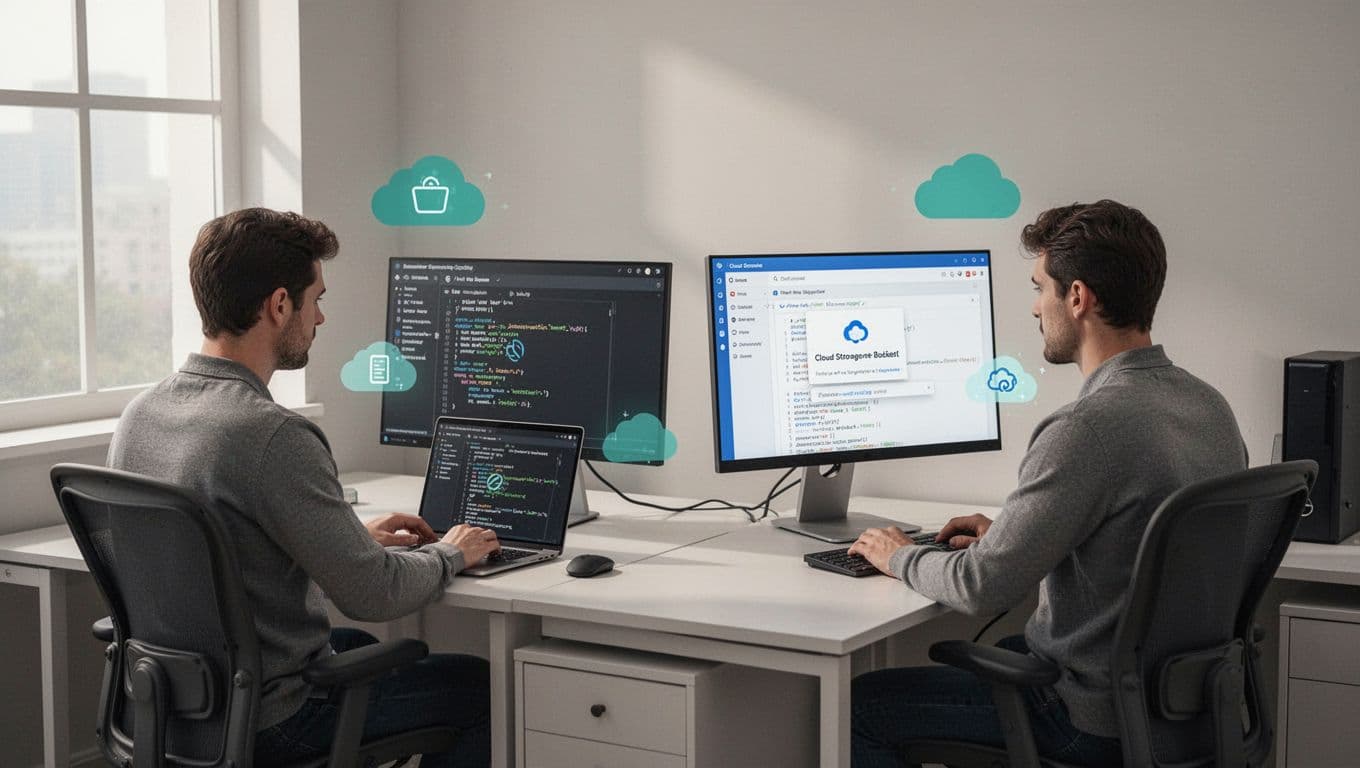 Red team exploits AWS bucket on laptop; blue team validates fix on nearby console screen.