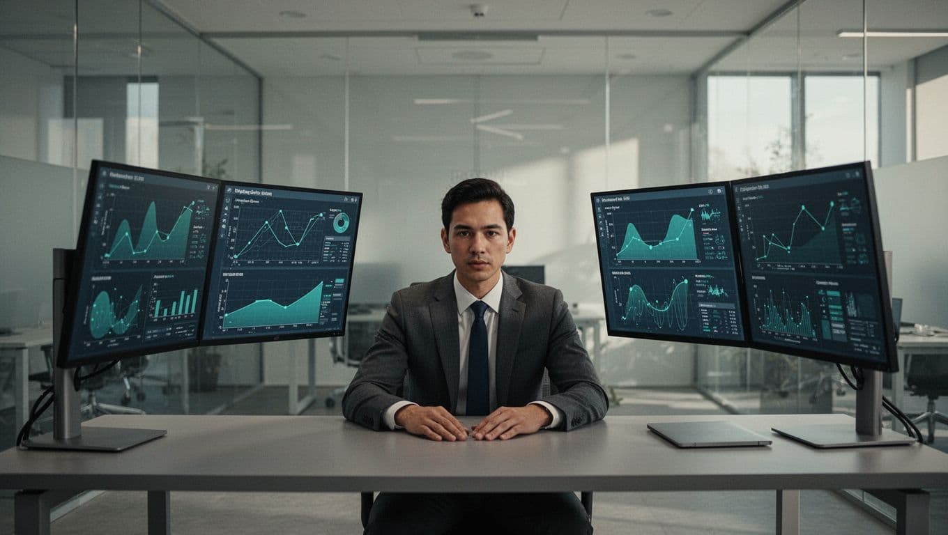 Analyst reviews data flows and risks on angled screens showing charts and scans in modern office.