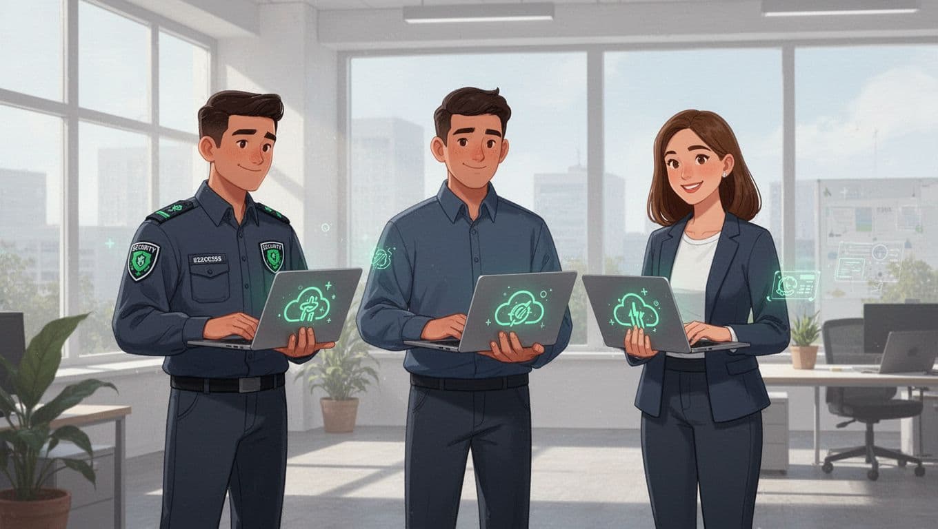 Two security engineers and one instructor use laptops with abstract cloud security icons in bright open office.