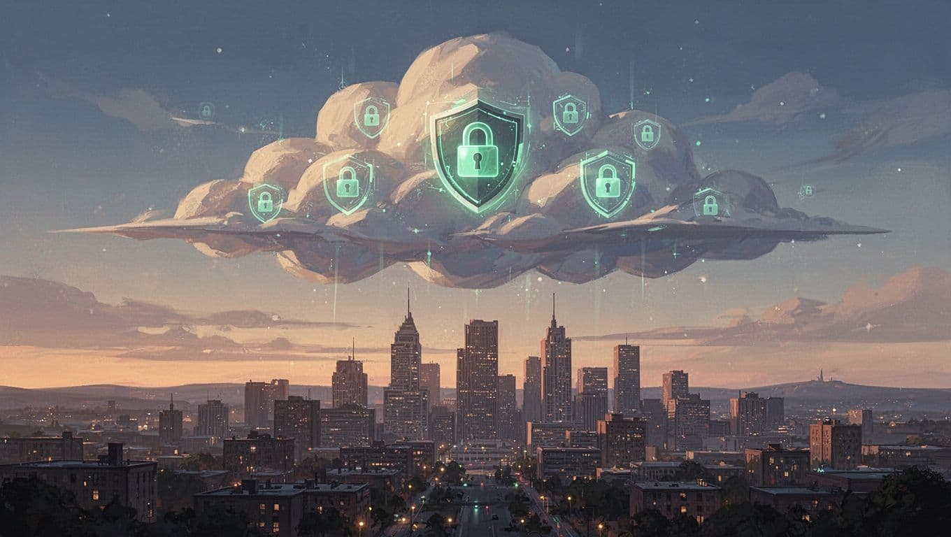 Cloud icons with locks and shields overlay dusk-lit city skyline, green on secure elements.