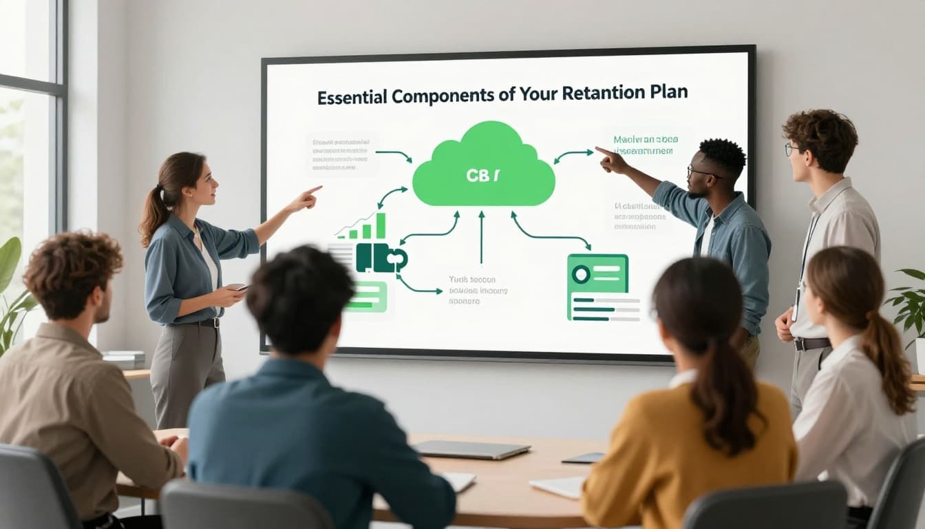Three diverse security professionals point and discuss cloud security diagrams on a whiteboard in a modern conference room.