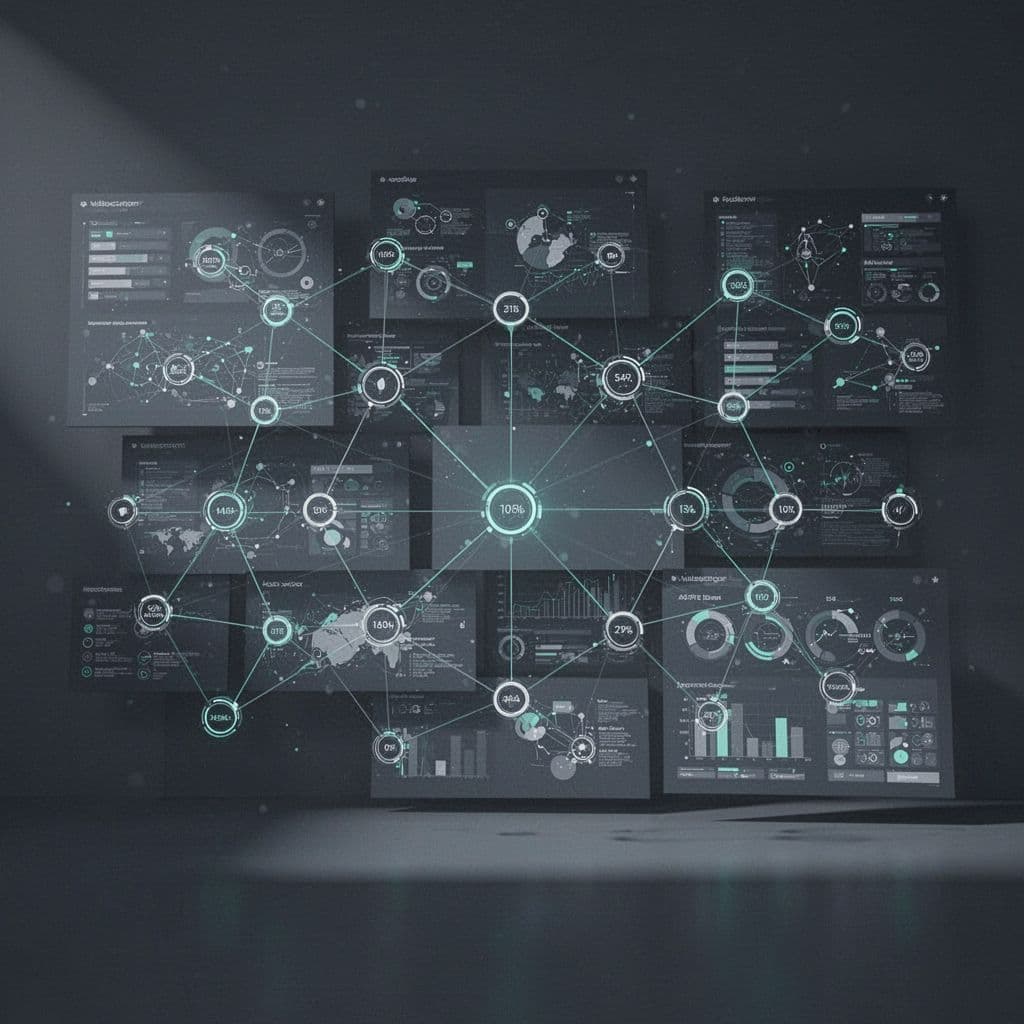 A dense network of interconnected data nodes displayed on a cluttered digital security dashboard.