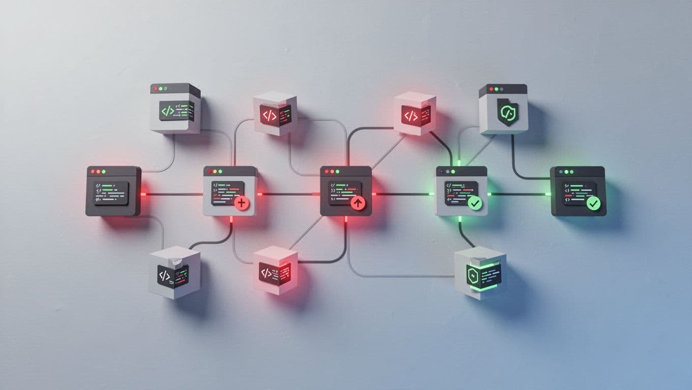 Interconnected code packages form a network with red-glowing risk nodes and green secure paths.