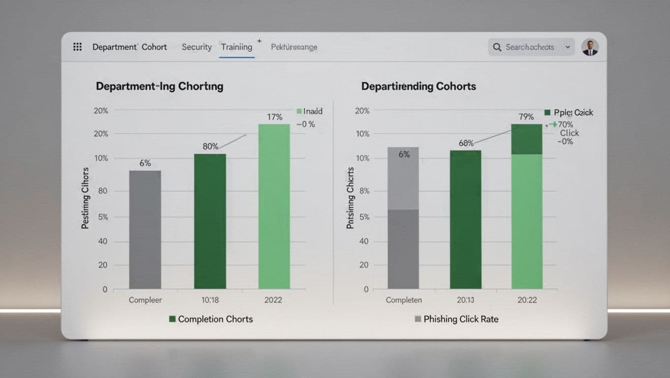 Bar charts segmented by department compare security training completion and phishing click rates.