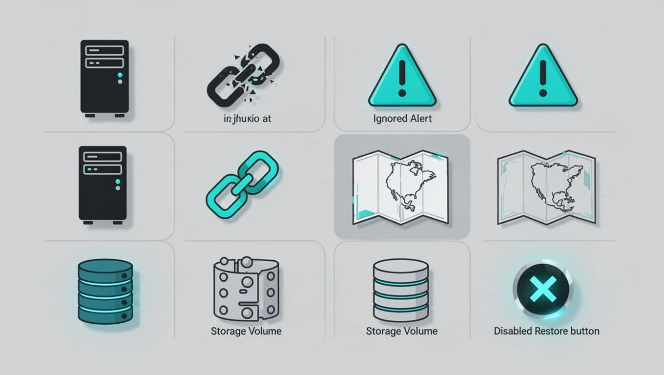 Grid of icons showing unprotected server, broken retention chain, ignored alert, no cross-region copy, missing database volume, untested restore on neutral background.