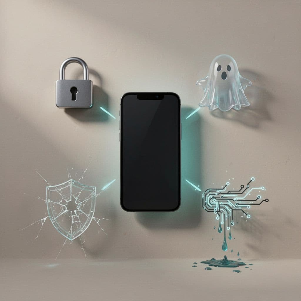 Icons of broken lock, ghost, cracked shield, and data leak surround central app icon on neutral background.