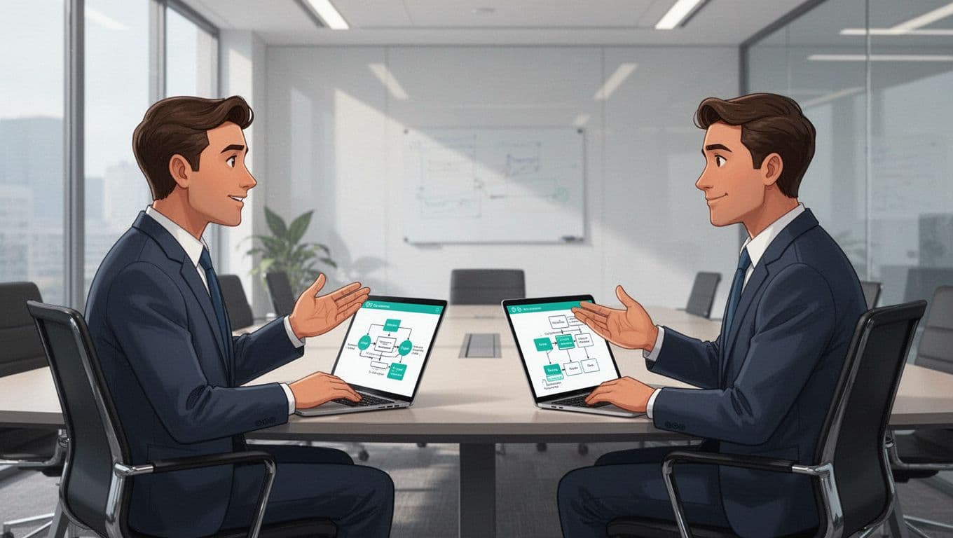 Side view of two professionals in conference room, one interviewing the other with open laptops showing workflow diagrams.
