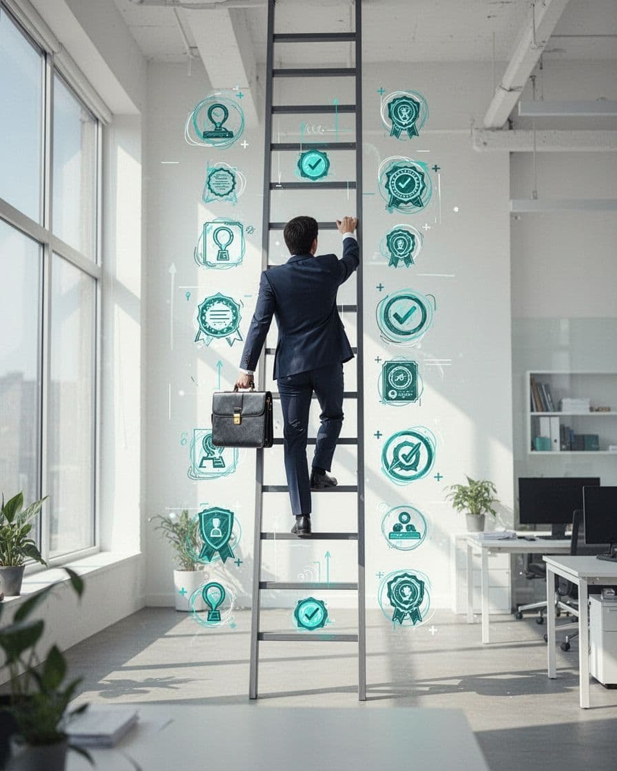 Professional climbs vertical ladder in bright office, steps marked with SOC 2, ISO 27001, NIST icons, briefcase in hand.