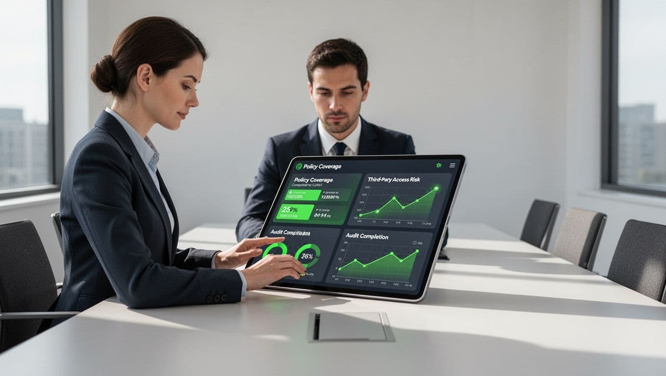 Compliance officer at boardroom table views tablet showing dashboard with green-highlighted policy coverage, risks, and audit metrics.