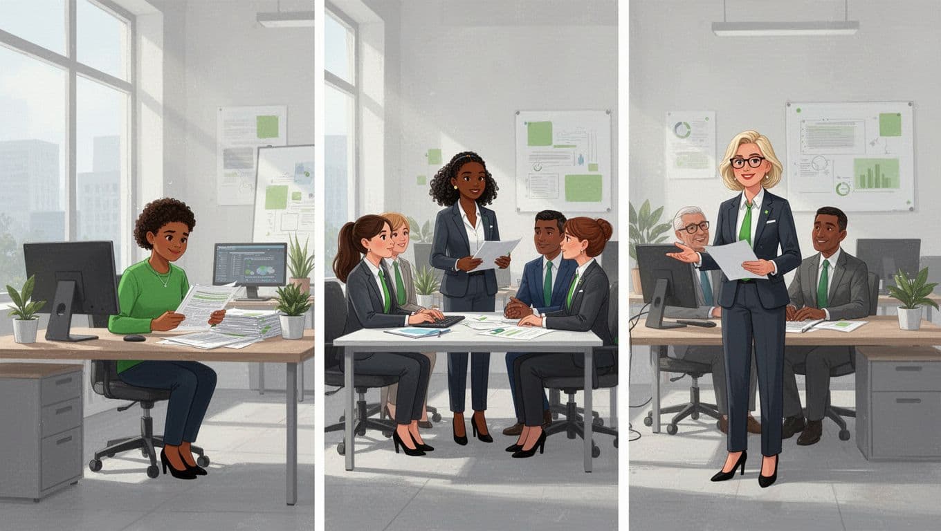 Junior officer reviews documents, mid-level leads team meeting, senior advises executives in modern office.
