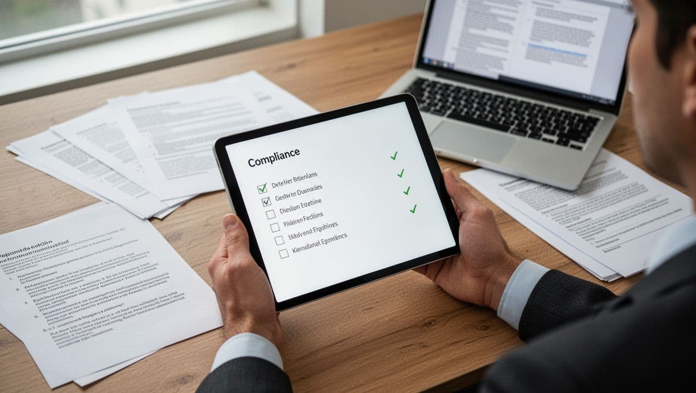 Compliance professional holds digital tablet with checklist at desk near legal documents and laptop.