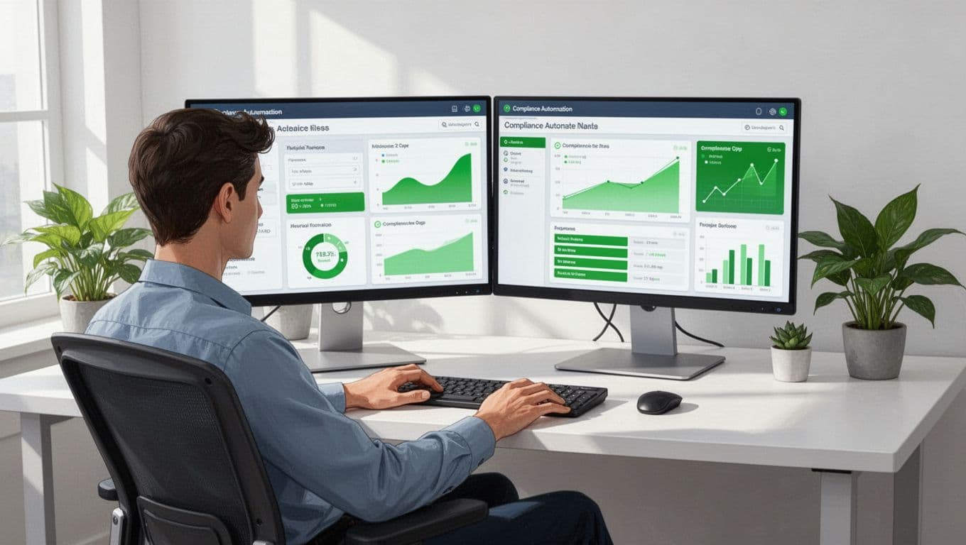 Specialist at modern desk configures dual-monitor dashboards showing compliance metrics and workflows, hand on keyboard in plant-filled office.