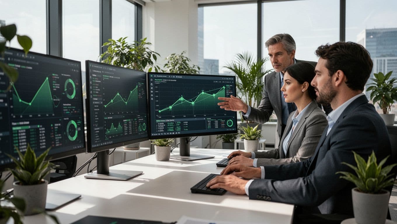 Three team members in modern office review digital audit logs on multiple screens, one pointing to timeline visualization.