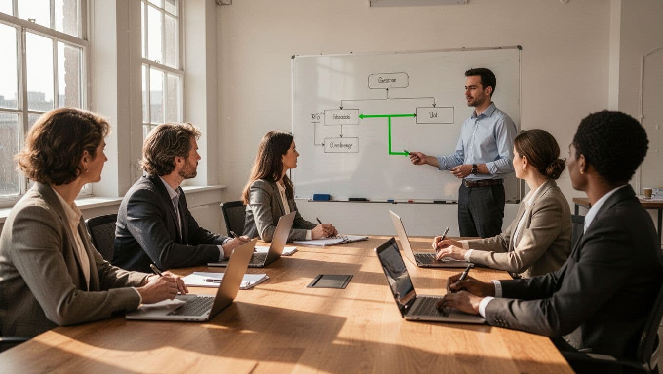 Five professionals in bright conference room; trainer at whiteboard with flowchart, others note on laptops.