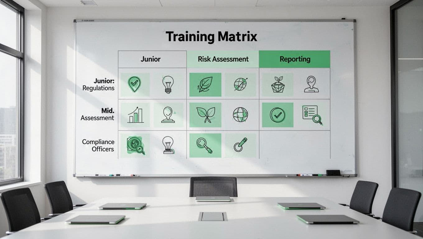 Digital whiteboard in conference room shows training matrix with rows for junior, mid, senior compliance officers and columns for regulations, risk assessment, reporting, using simple icons.