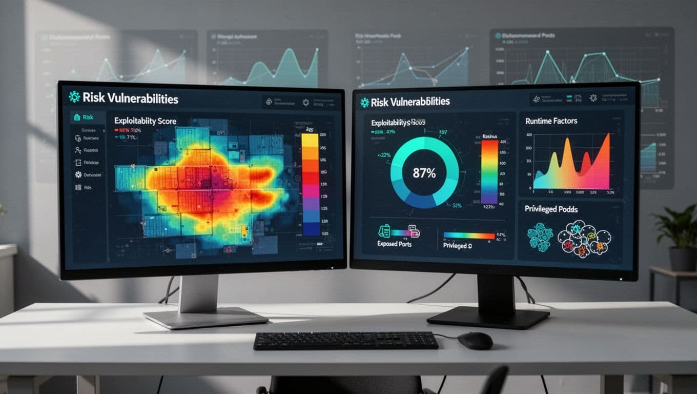 Office desk with two screens showing vulnerability heatmap, exploitability scores, blast radius, and prioritized container risks.